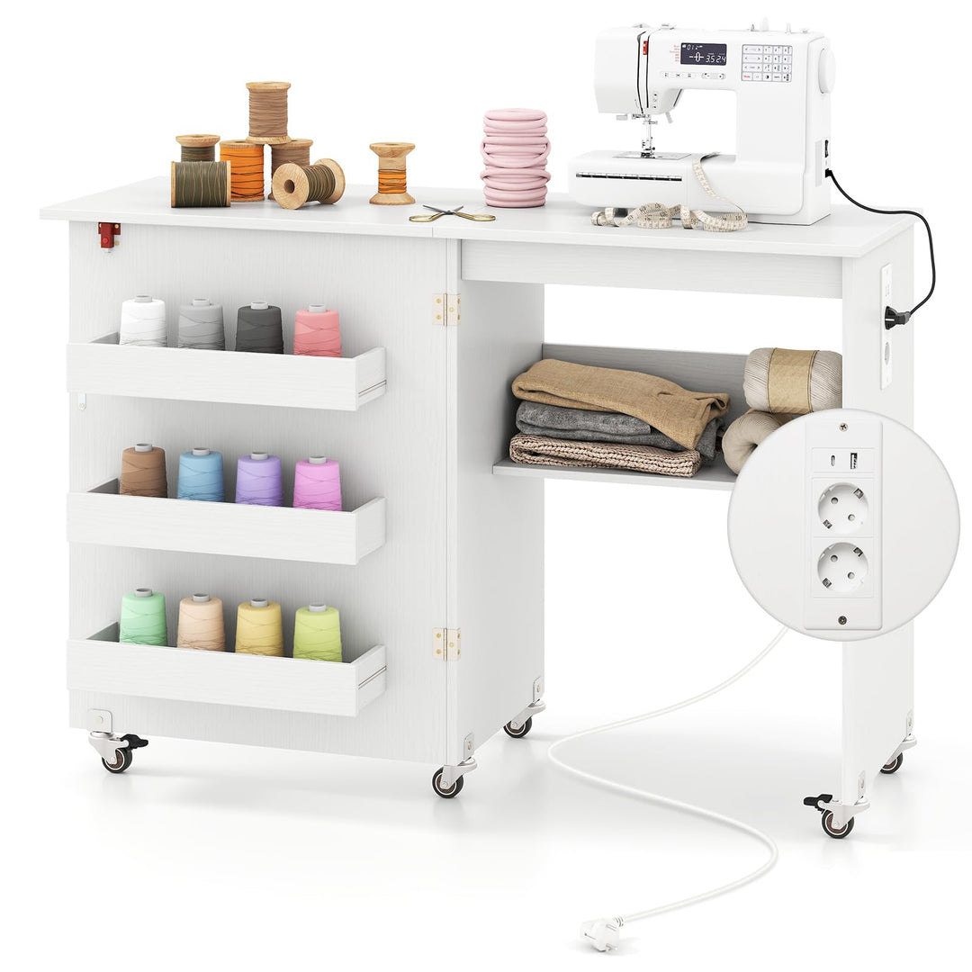 COSTWAY 2 in 1 Nähtisch klappbar mit Ladestation, Nähmaschinenschrank aus Holz mit Regalen, Nähschra