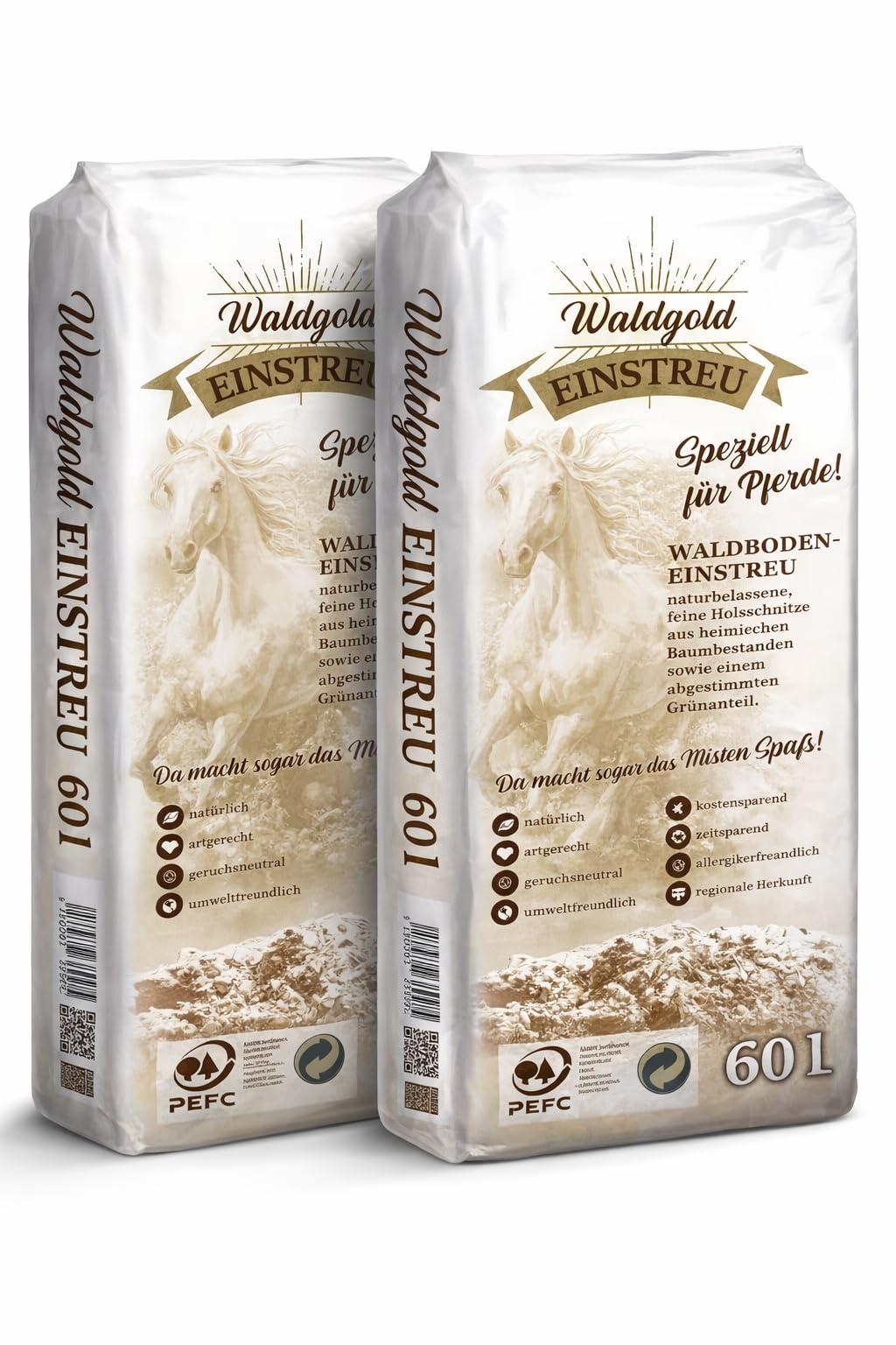 Waldgold Waldboden-Einstreu für Pferde 120 L (2 Säcke) – natürliche Premium-Pferdeeinstreu, staubarm