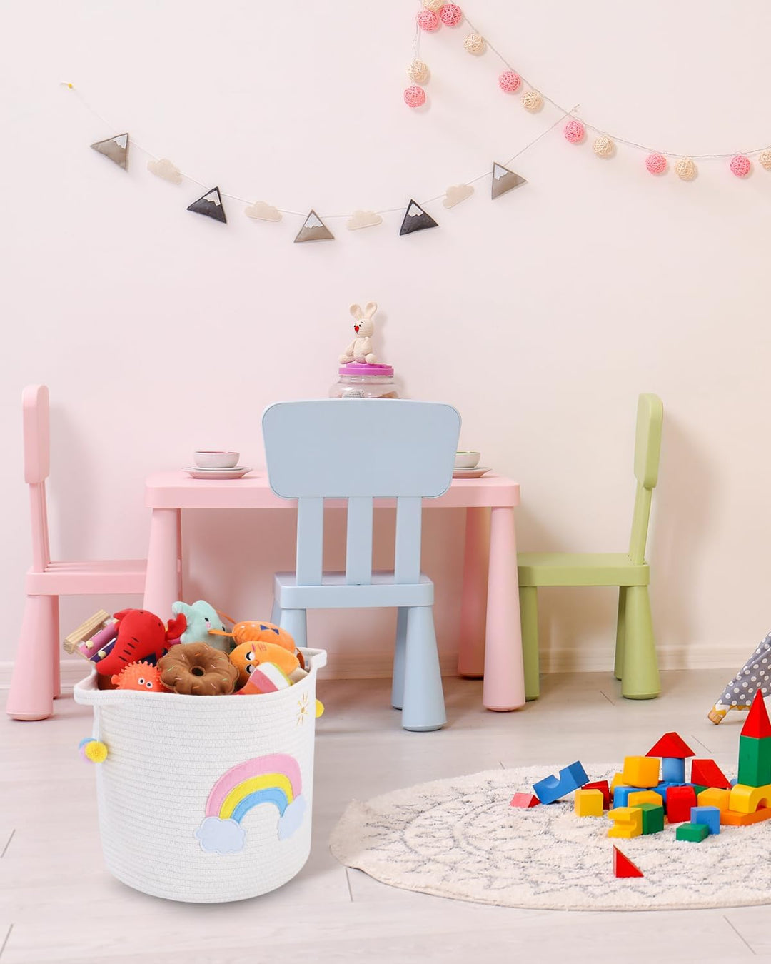 Aufbewahrungskorb Kinder mit Griffen, Wäschekorb Gewebter Baumwollseilkorb mit Stickerei Buntes Rege