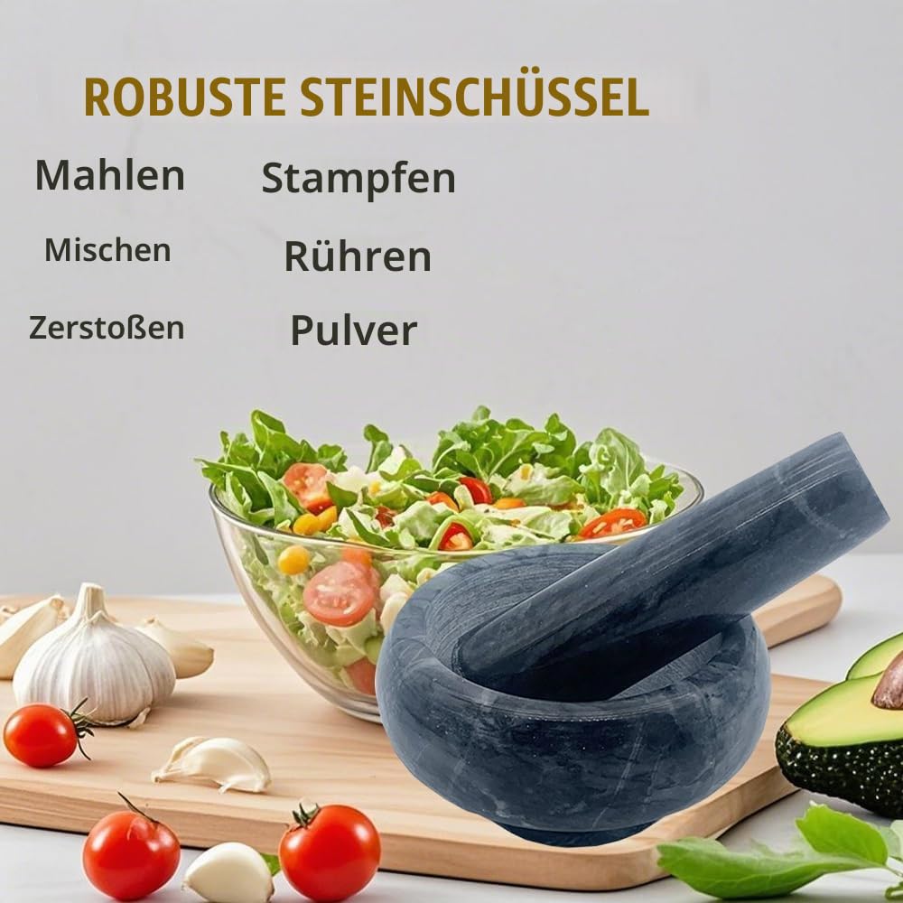 Hibuco Mörser mit Stössel Marmor Ø 9 cm GrauWeiss,Hochwertiger Steinmörser für Gewürze &amp; Kräuter – R
