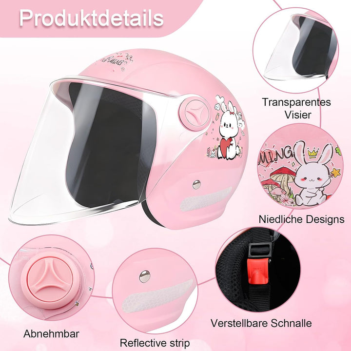 Kinder Motorradhelm, Jungen und Mädchen Rollerhelm, Mofa Helm, jethelm mit Sonnenblende, Fahrradhelm