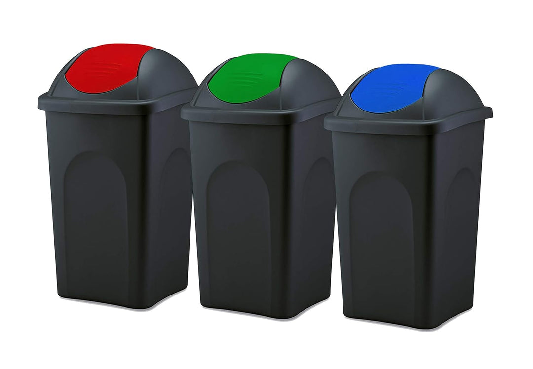 BigDean 3x Mülleimer gross 60L - schwarz - mit Schwingdeckel rot, grün & blau - aus Kunststoff - Mül