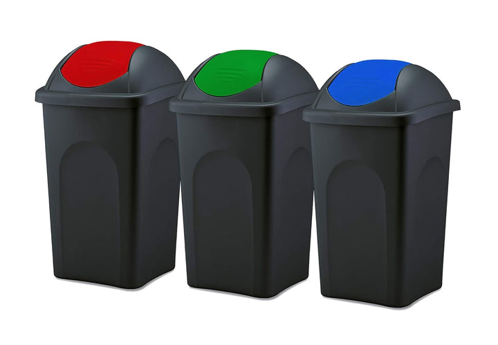 BigDean 3x Mülleimer gross 60L - schwarz - mit Schwingdeckel rot, grün & blau - aus Kunststoff - Mül