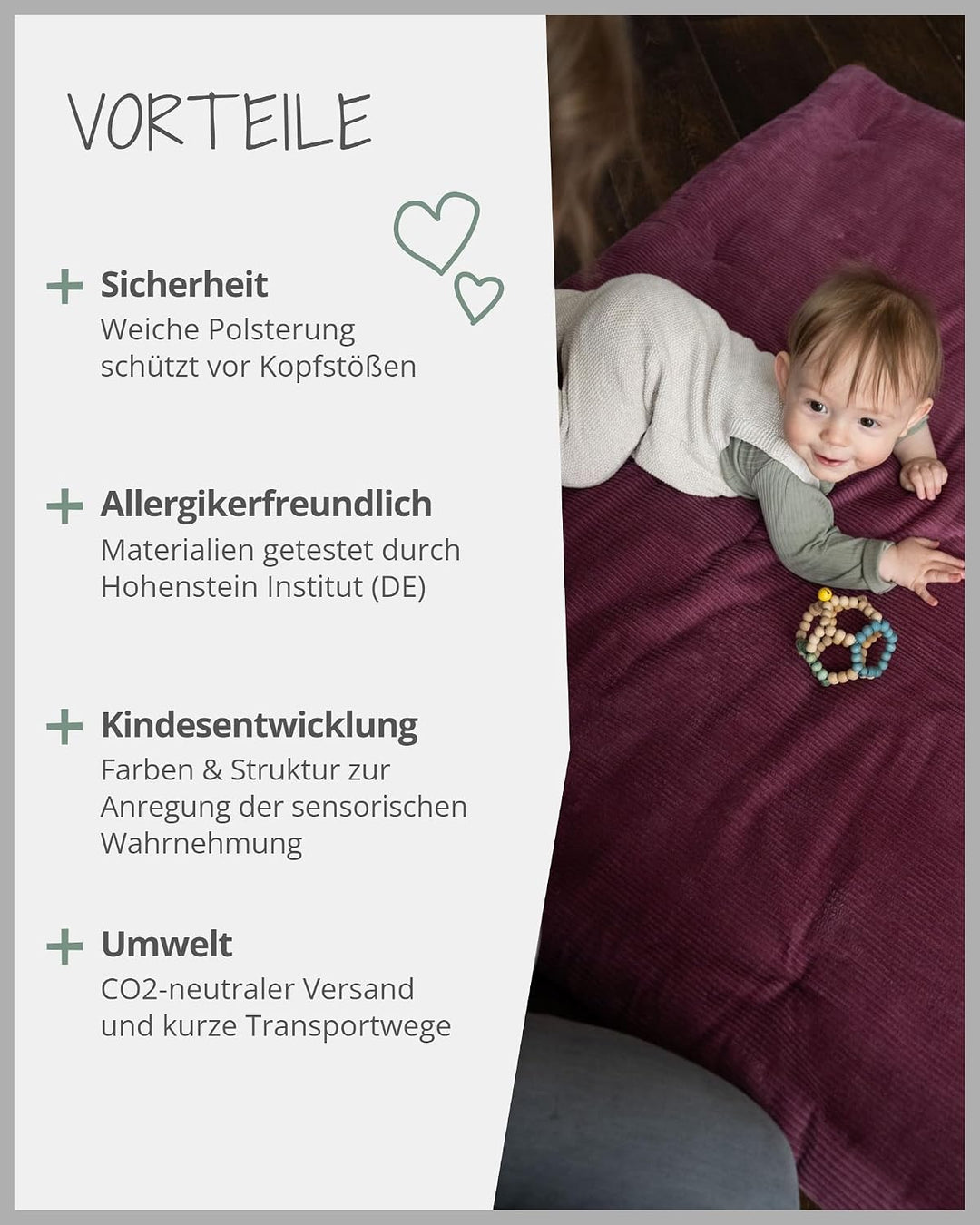 ULLENBOOM Krabbeldecke für Baby 100x100 cm - Dick und weich gepolstert Cord Berry 100 x 100 cm, Cord