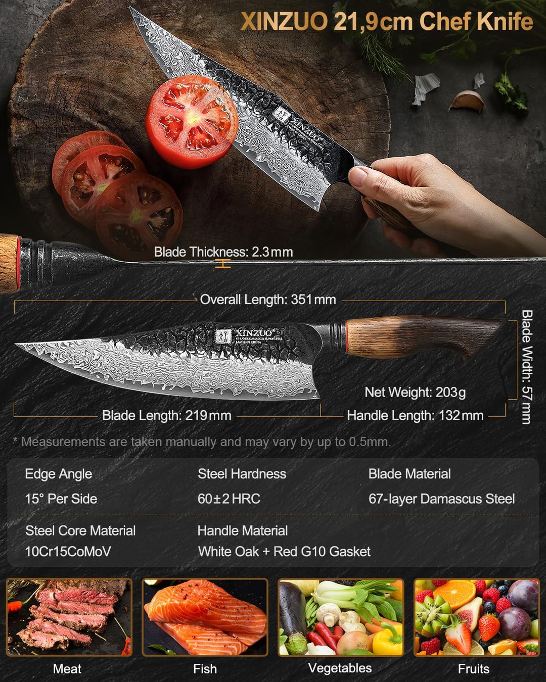 XINZUO 21,9cm Kochmesser Damastmesser Handgeschmiedet 67 Schichten Damaststahl Chefmesser -Profi Sch