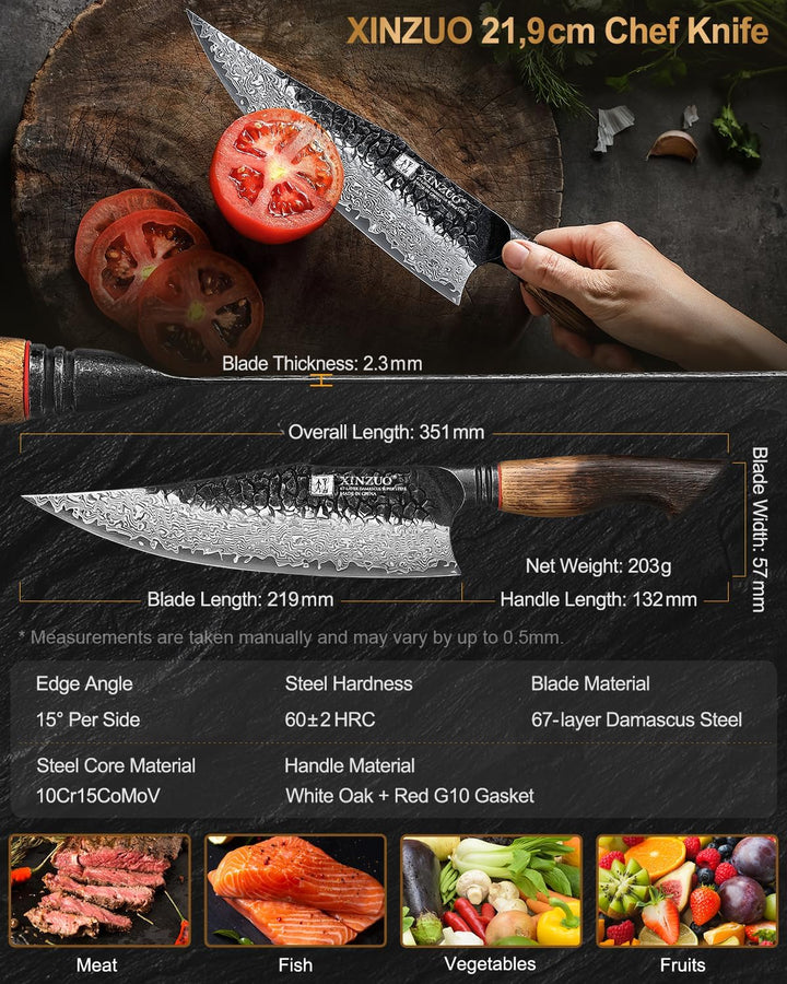 XINZUO 21,9cm Kochmesser Damastmesser Handgeschmiedet 67 Schichten Damaststahl Chefmesser -Profi Sch