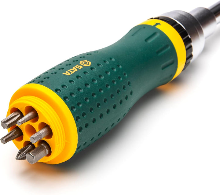 SATA ST09350 19-in-1 Multipurpose Ratcheting Screwdriver Set with 8 Double-Sided Bits and a Green an