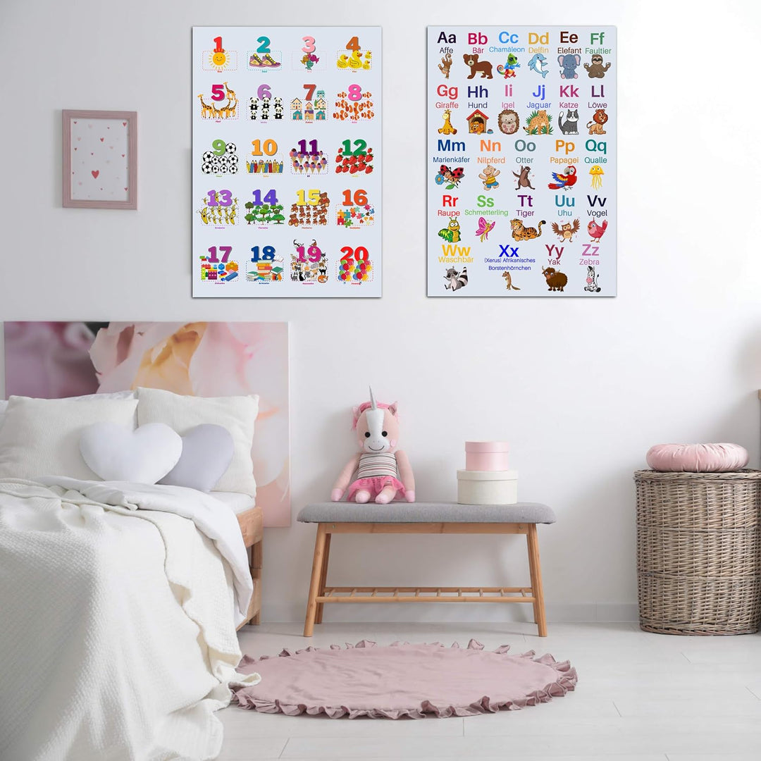 ABC Poster und Zahlen Lernposter DinA2 Set für Grundschüler - Alphabet und Zahlen von 1 bis 20 Lerne