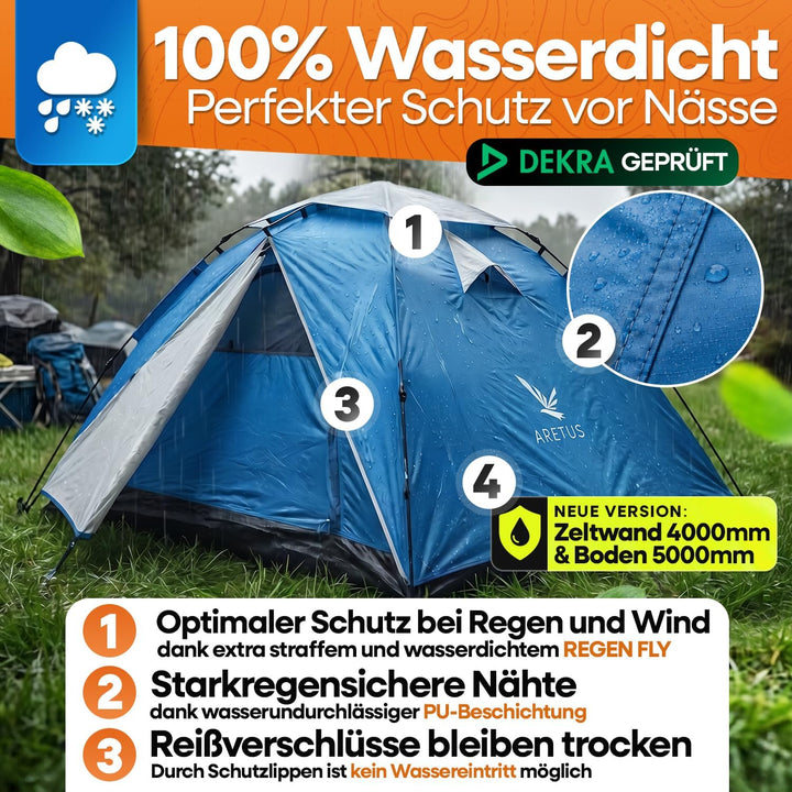 Aretus Wurfzelt - extra wasserdicht & stabil, schneller Auf & Abbau in 45 Sekunden | Wurfzelt 2 Pers