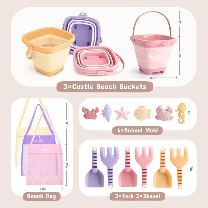 Dreamon Sandspielzeug Strandspielzeug Kinder, 18 PCS Reise Sandspielzeug mit Faltbarer Eimer, Sandka