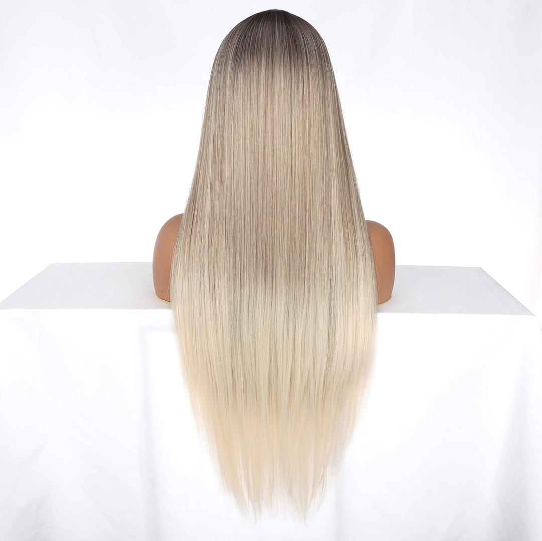 PORSMEER Ombre Blond Perück Lang Glatt Gerade Perücken mit Spitze Mittelscheitel für Frauen/Mädchen