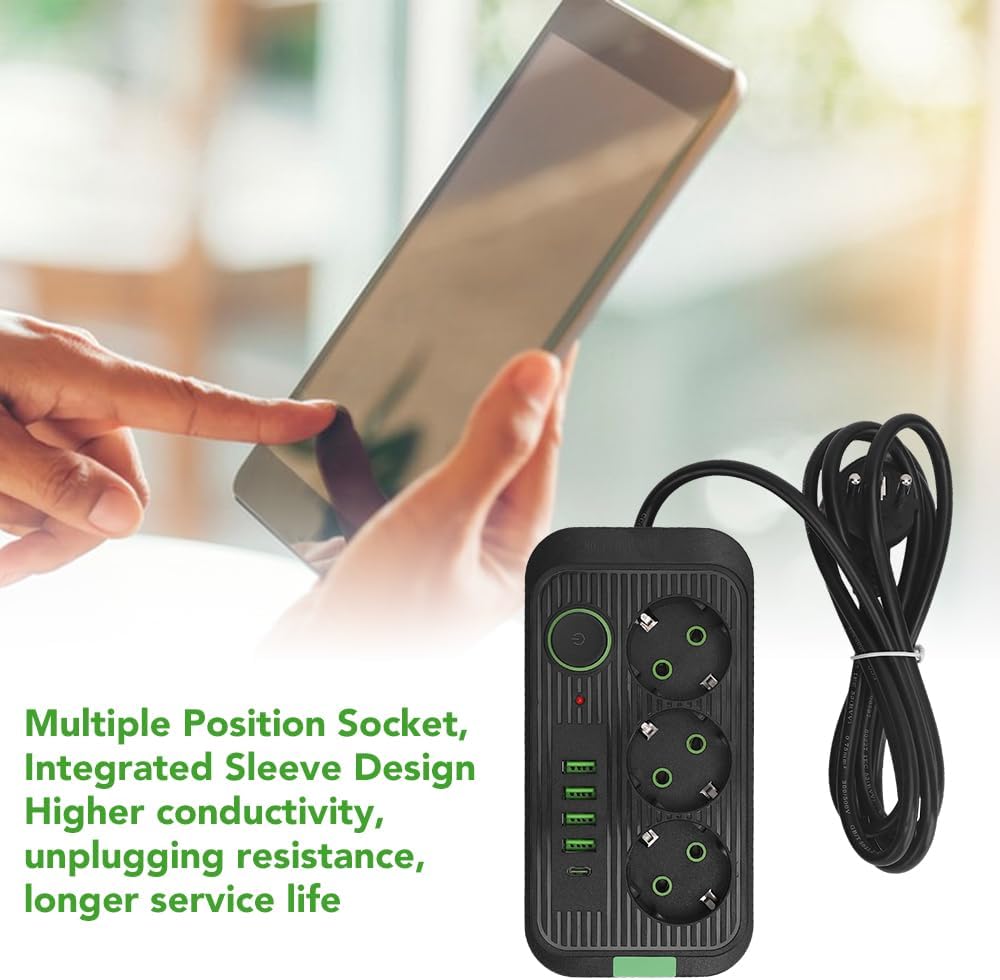 Überspannungsschutz, Europäische 10-A-2500-W-Steckdosenleiste mit 3 Steckdosen, 4 USB- und 1 Typ-C-A