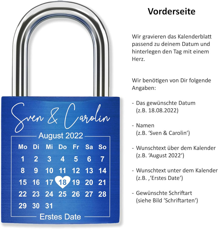 Liebesschloss mit Gravur Kalenderblatt - Blau - gestaltbar mit vielen Farben & Schriften - Jahrestag