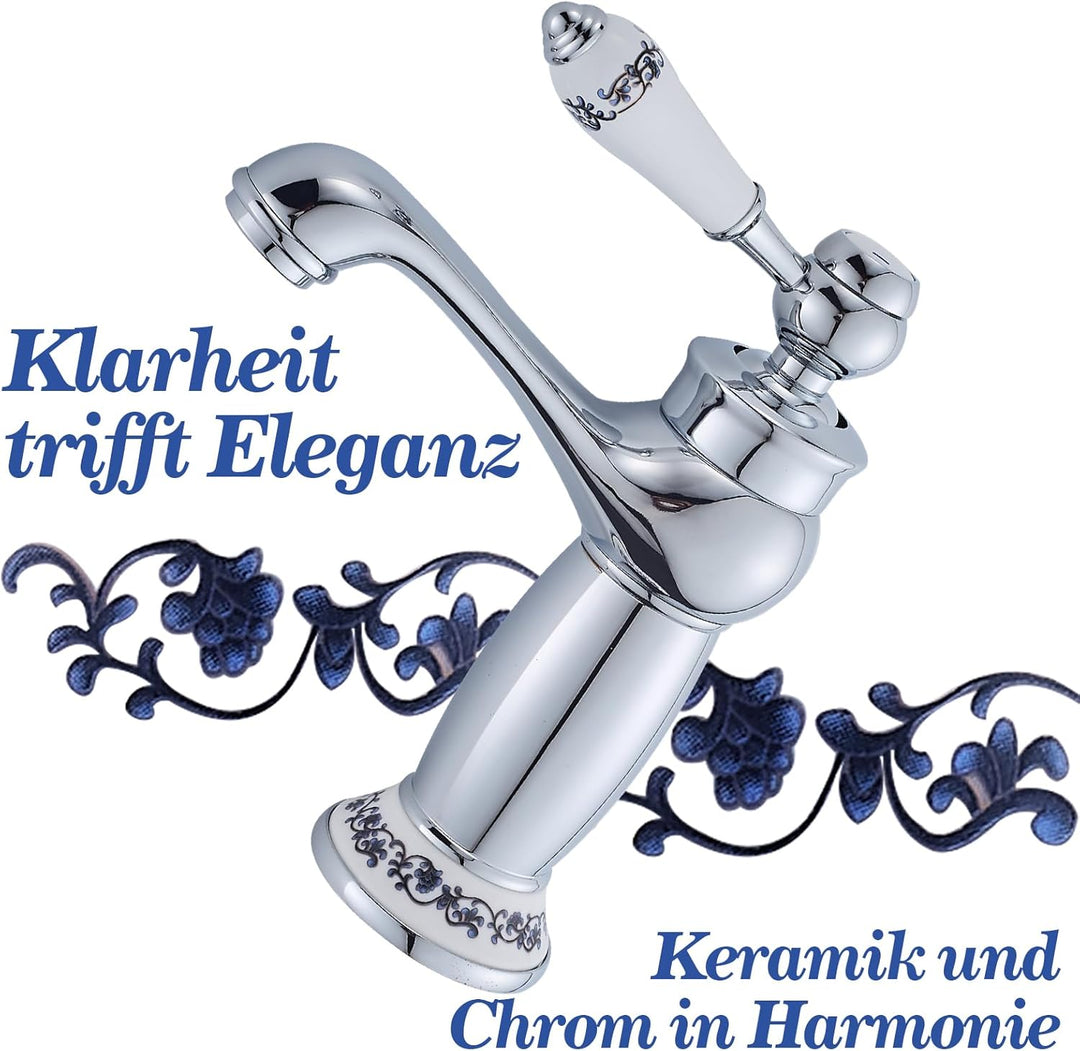 Wasserhahn Bad Antik mit Keramikgriff, Messing Einhebel-Waschbeckenarmatur, Elegant Geschwungene Was