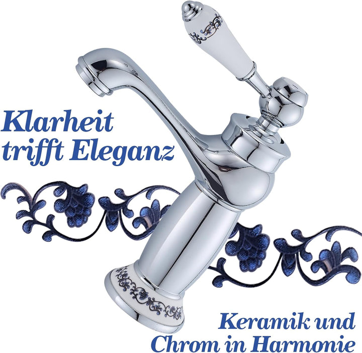 Wasserhahn Bad Antik mit Keramikgriff, Messing Einhebel-Waschbeckenarmatur, Elegant Geschwungene Was