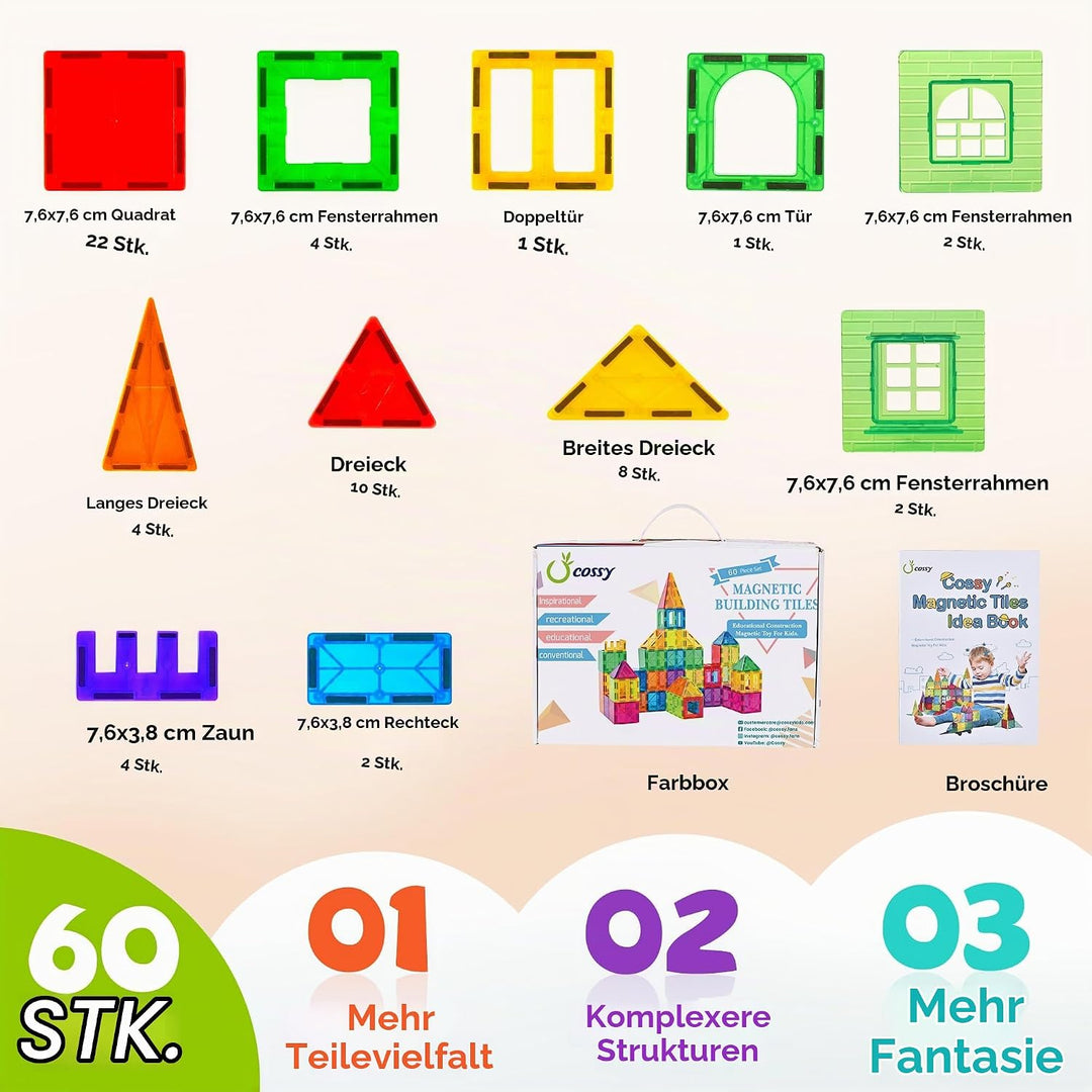 cossy Magnetische Bausteine 60 Teile,Magnetspiel für Kinder,Magnetbausteine für Jungen und Mädchen,M