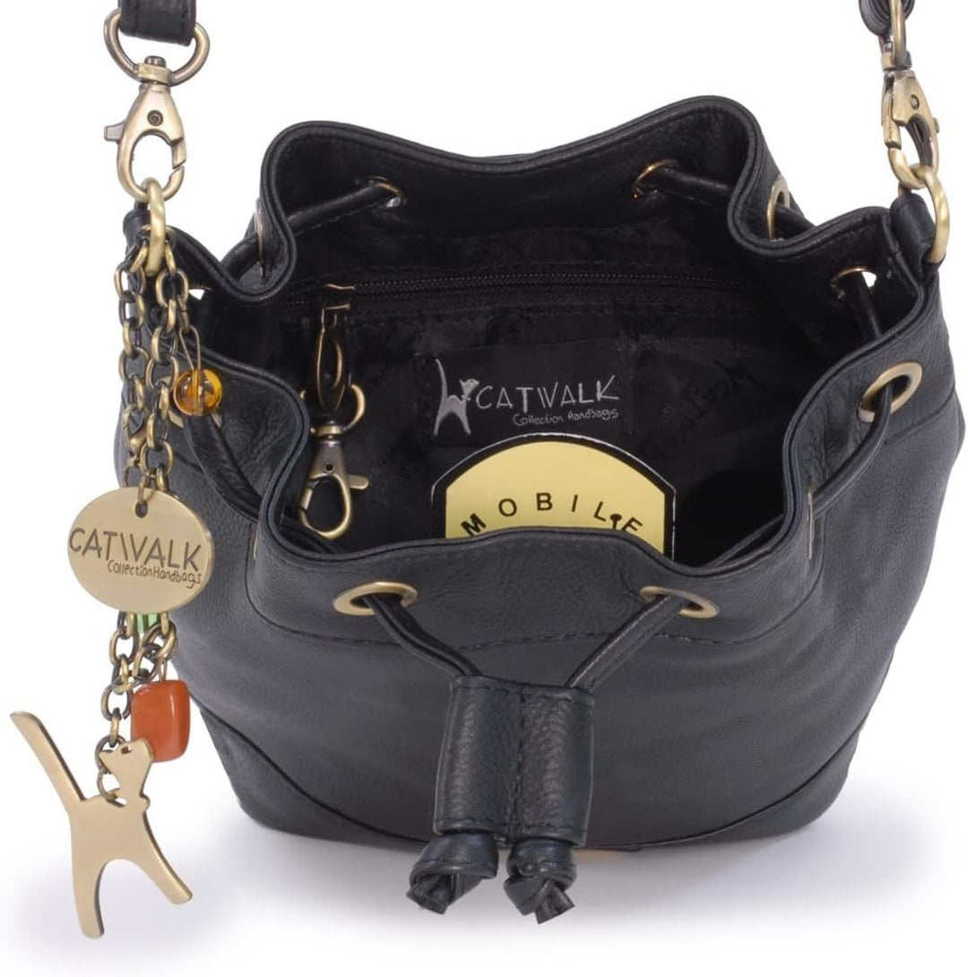 Catwalk Collection Handbags - Leder - Damen Umhängetasche mit Kordelzug - Verstellbaren Gurt - ROCHE