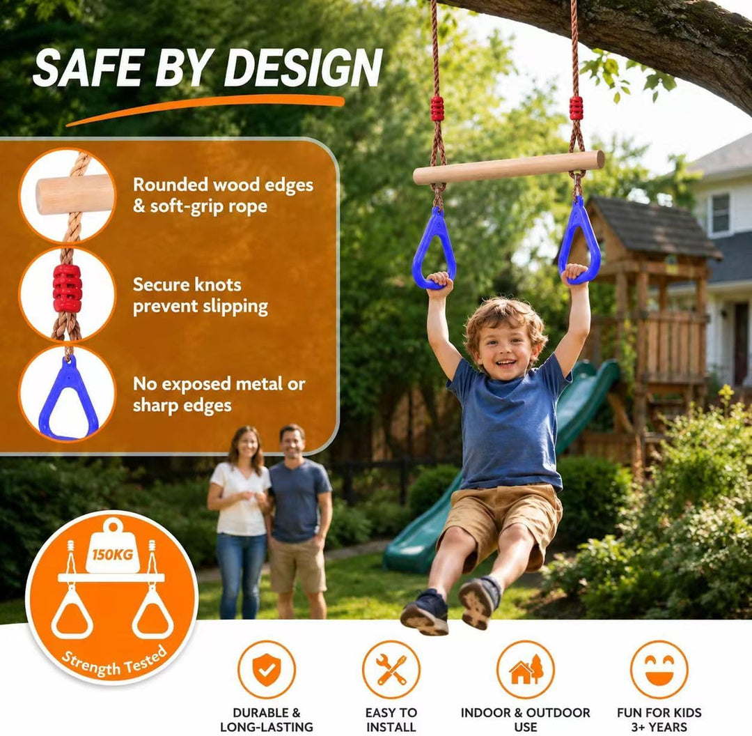 Multifunktions Kinderholz Trapeze Schaukel mit Kunststoffringen Turnringe Ringe zum Aufhängen belast