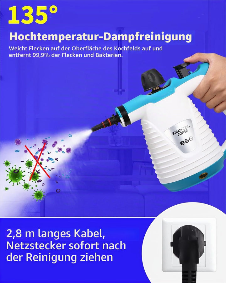 Dampfreiniger mit 10 Zubehörteilen, 1050W Hand Dampfreiniger Handgerät, 3,0 bar Dampfdruck 500ml 3 M