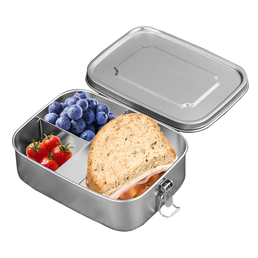 Brotdose Edelstahl mit 3 Fächern und Dichtring,1200ml Lunchbox Auslaufsicher,Vesperdose Butterbrotdo