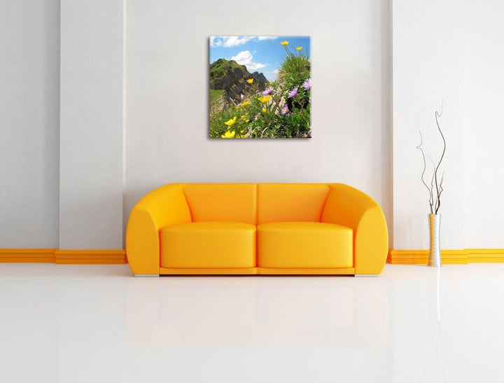 Blumenwiese im Frühling, Format: 70x70 auf Leinwand, XXL riesige Bilder fertig gerahmt mit Keilrahme