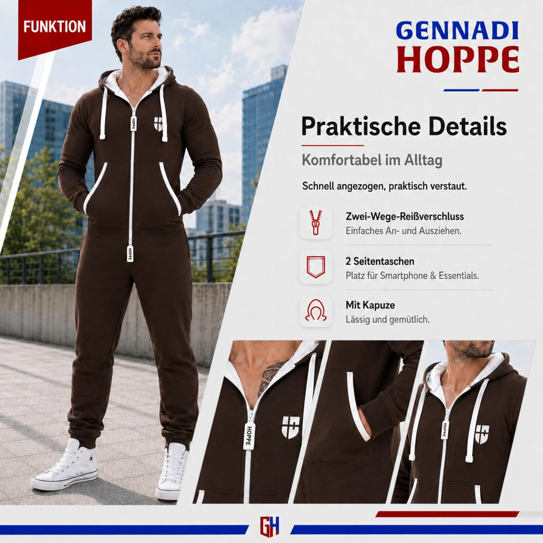 Gennadi Hoppe Herren Jumpsuit – Weicher &amp; Bequemer Hausanzug L braun (brown), L braun (brown)