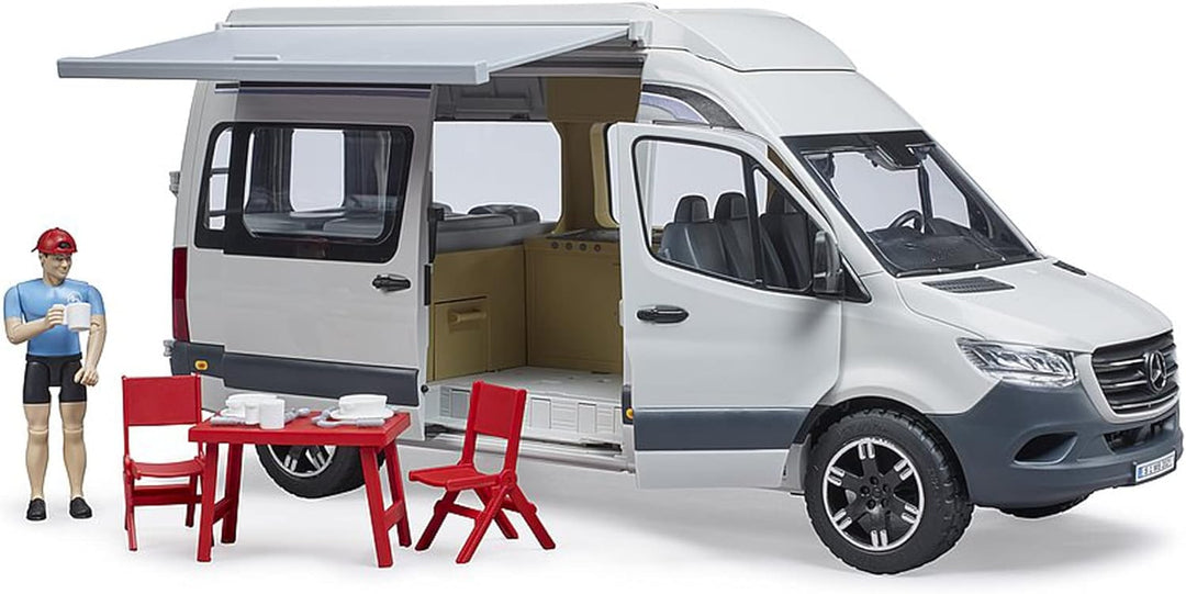 bruder 02672 - Mercedes-Benz Sprinter Camper mit Fahrer, Camping-Set, Geschirr - Wohnmobil Reisemobi