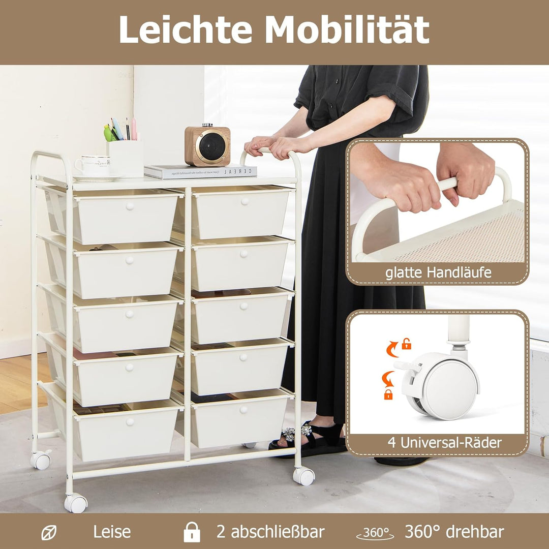 GOPLUS Rollwagen mit 10 Schubladen stapelbar, Rollcontainer mit Ablage & Metallgestell, Badregal, Au