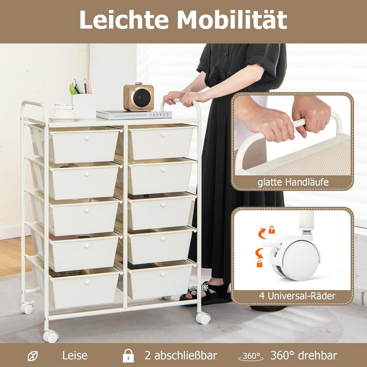 GOPLUS Rollwagen mit 10 Schubladen stapelbar, Rollcontainer mit Ablage & Metallgestell, Badregal, Au