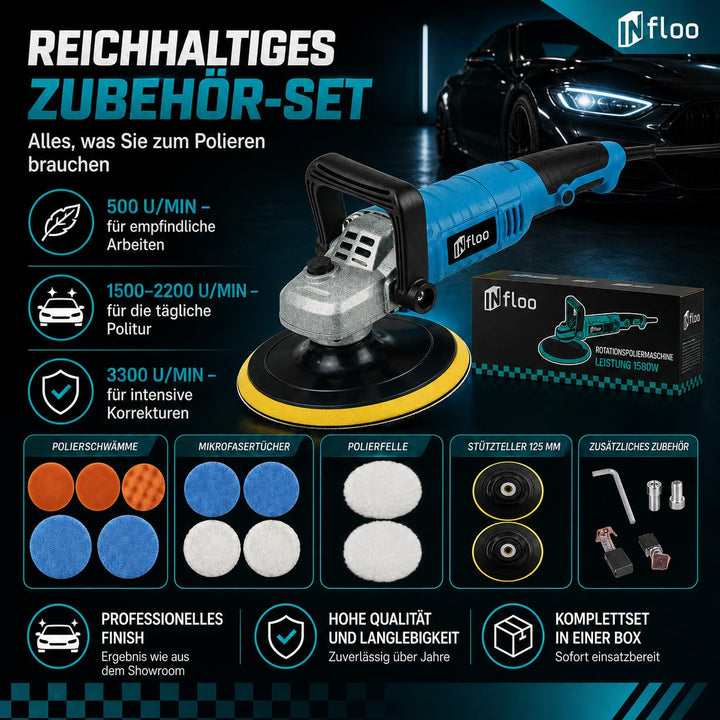 Rotations Poliermaschine 1580W – Auto Polierer 125mm, 500–3300 U/min, Drehzahlregelung, Poliermaschi
