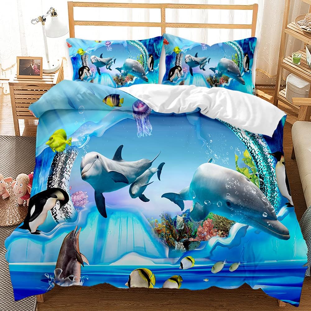 EHAOKK 3D Meer Tier Bettwäsche Set,Delfin,Tropischer Fisch,Korallen,Meeresleben Bettbezug,Blaue Unte