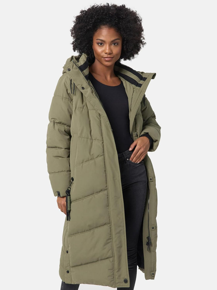 Navahoo Damen Wintermantel Warmer Steppmantel lang mit Kapuze Kuschelmausi S-XXL M Olive Leaf, M Oli