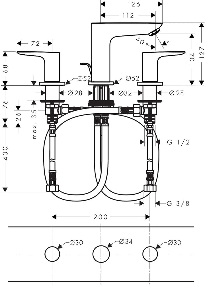 hansgrohe Wasserhahn Talis E 3-Loch Waschtischarmatur, Auslauf Höhe 150mm mit Zugstangen-Ablaufgarni