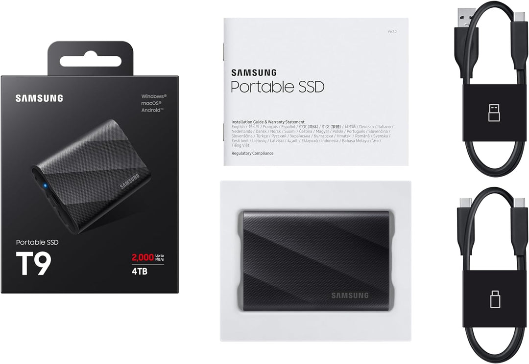 Samsung Portable SSD T9, 4 TB, 2.000 MB/s Lesen, 2.000 MB/s Schreiben, USB 3.2 Gen.2x2, Externe Fest
