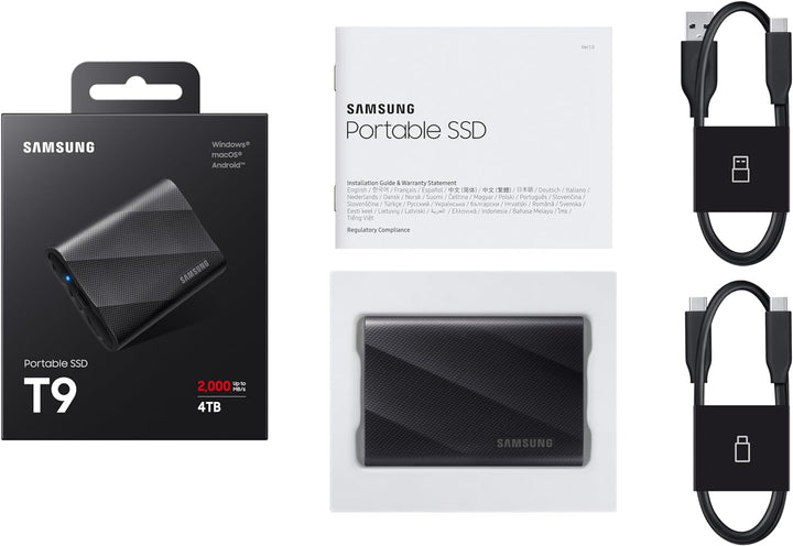 Samsung Portable SSD T9, 4 TB, 2.000 MB/s Lesen, 2.000 MB/s Schreiben, USB 3.2 Gen.2x2, Externe Fest