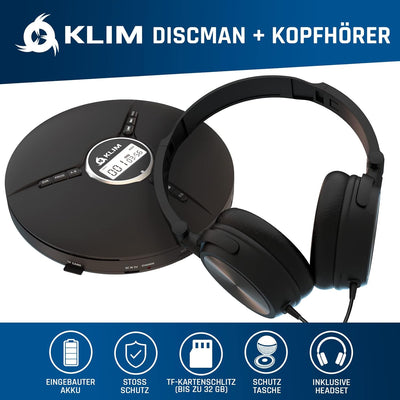 KLIM Discman mit Kopfhörer - Tragbarer CD-Player mit Kopfhörer - mit eingebautem Akku - NEU 2024 - K