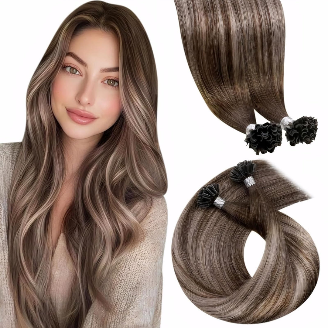 LaaVoo Bondings Echthaar Extensions Balayage 40cm Braun mit Asch Blond und Braun U Tips Haarverlänge