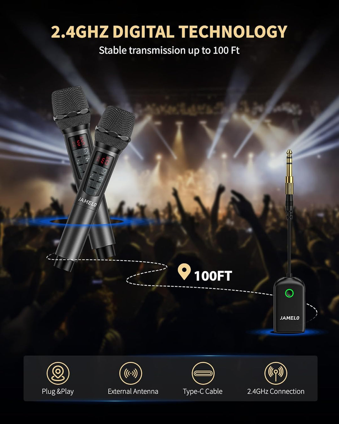 JAMELO Kabelloses Mikrofon, 2.4G Handmikrofon mit Hall & Equalizer, Bluetooth-Empfänger, für Karaoke