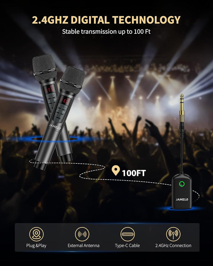 JAMELO Kabelloses Mikrofon, 2.4G Handmikrofon mit Hall & Equalizer, Bluetooth-Empfänger, für Karaoke
