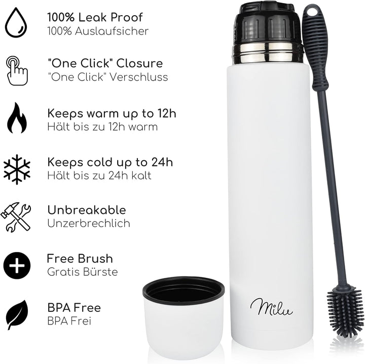 Milu Thermosflasche Thermoskanne Isolierflasche 1L - Isolierte Edelstahl Trinkflasche, 100% Auslaufs