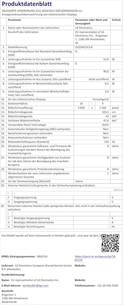 LG OLED42C47LA TV 42" (106 cm) OLED evo Fernseher (α9 Gen7 4K AI-Prozessor, webOS 24, Dolby Vision,