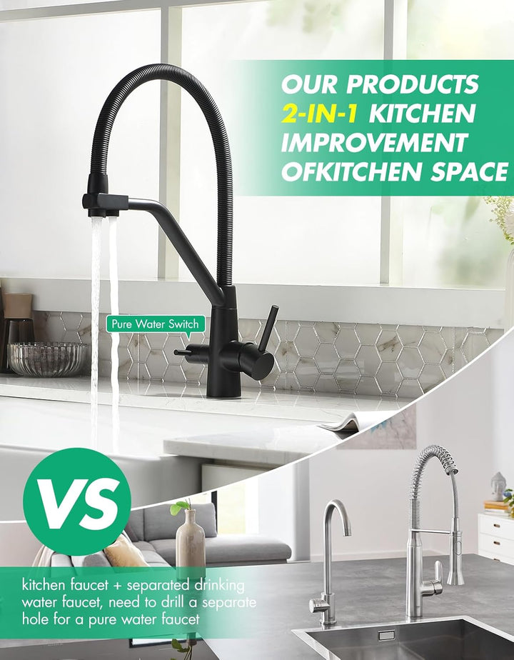 TIMACO 3 Wege Wasserhahn Küche Schwarz,Küchenarmatur-360° Drehbar,mit 3 in 1 Wasserhahn für Wasserfi