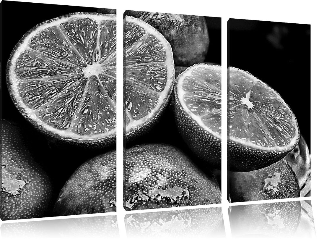 Pixxprint Monocrome, aufgeschnittene Limetten 3-Teiler Leinwandbild 120x80 Bild auf Leinwand