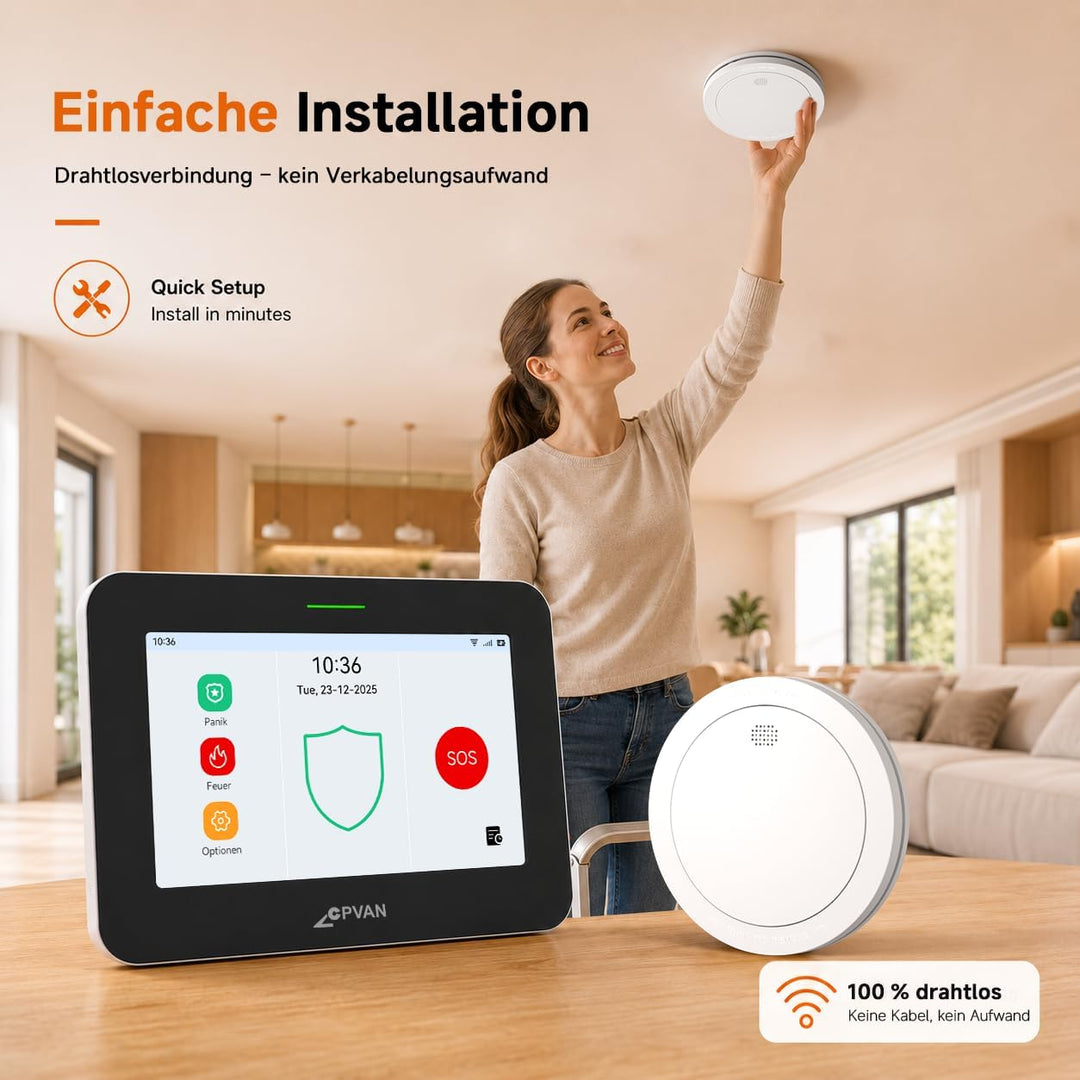 CPVAN GSM + WiFi Smart Rauchmelder Vernetzt 10 Jahre Batterie mit 7" Touch Screen 110dB Zentralpanel