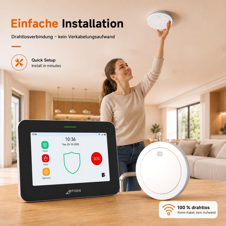 CPVAN GSM + WiFi Smart Rauchmelder Vernetzt 10 Jahre Batterie mit 7" Touch Screen 110dB Zentralpanel