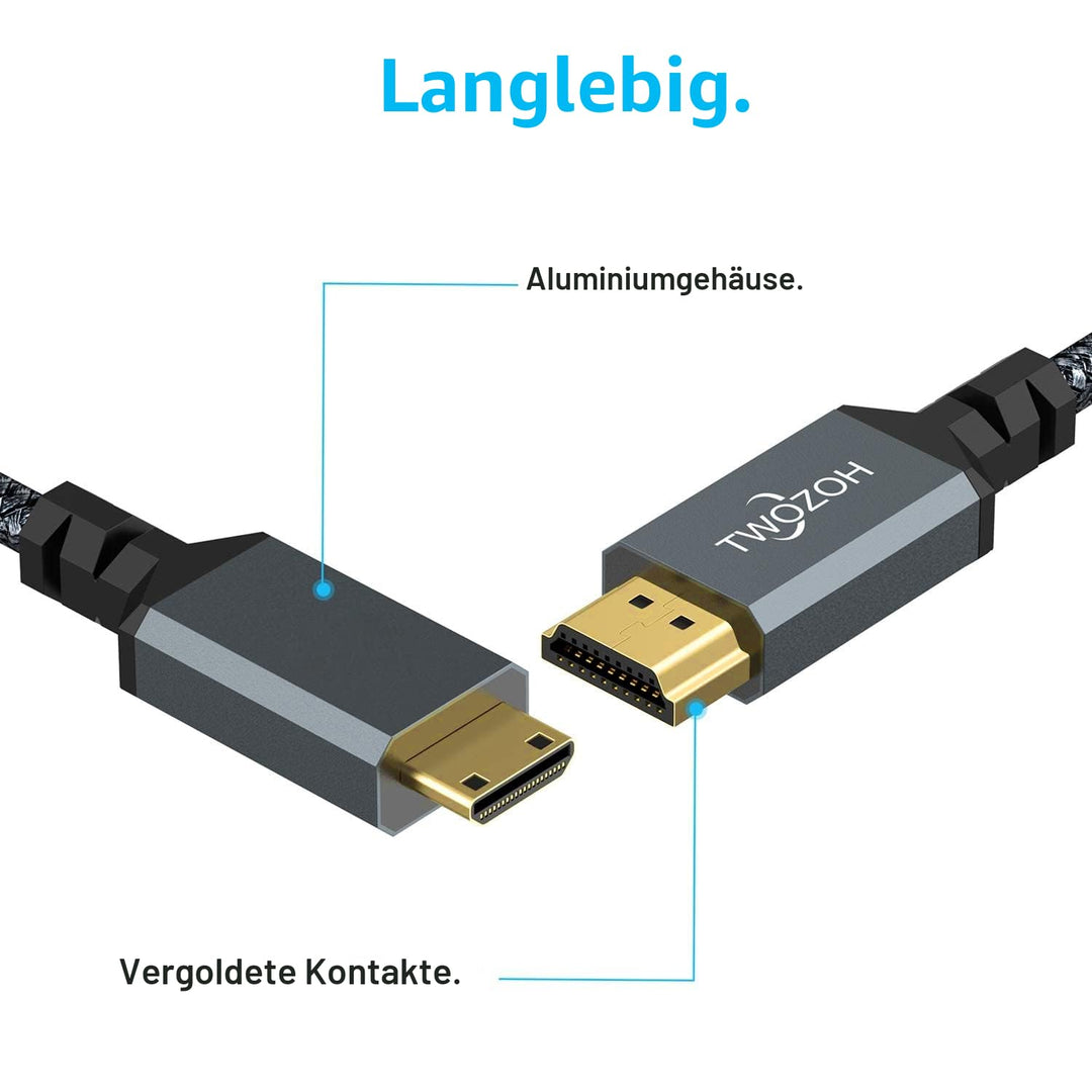 Twozoh Mini HDMI auf HDMI Kabel 5M, geflochtenes HDMI auf Mini HDMI Kabel, unterstützt 3D, 4K/60Hz,