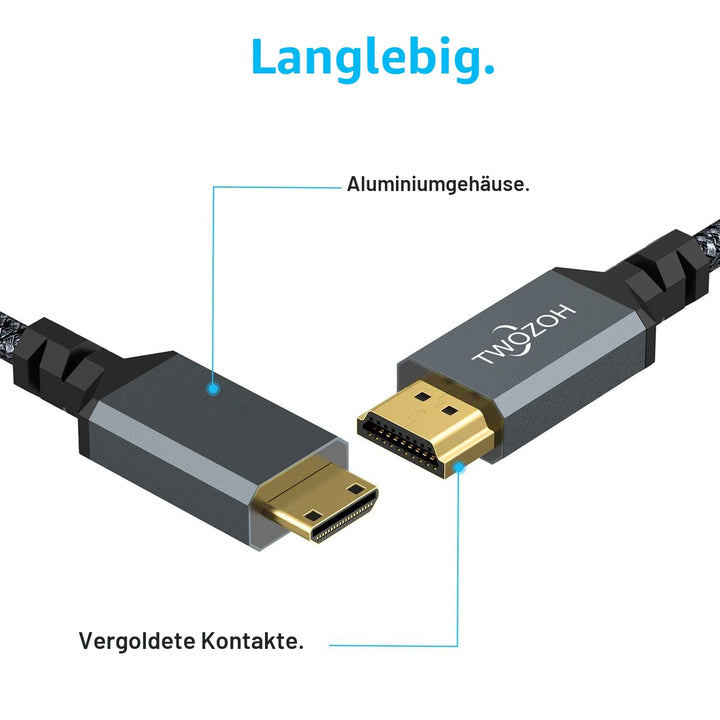 Twozoh Mini HDMI auf HDMI Kabel 5M, geflochtenes HDMI auf Mini HDMI Kabel, unterstützt 3D, 4K/60Hz,