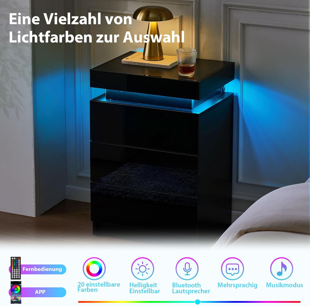 CLIPOP Nachttisch Hochglanzfront Kommode mit mit LED-Lichtern, sprachgesteuerter Lichtstreifen, 3 Sc
