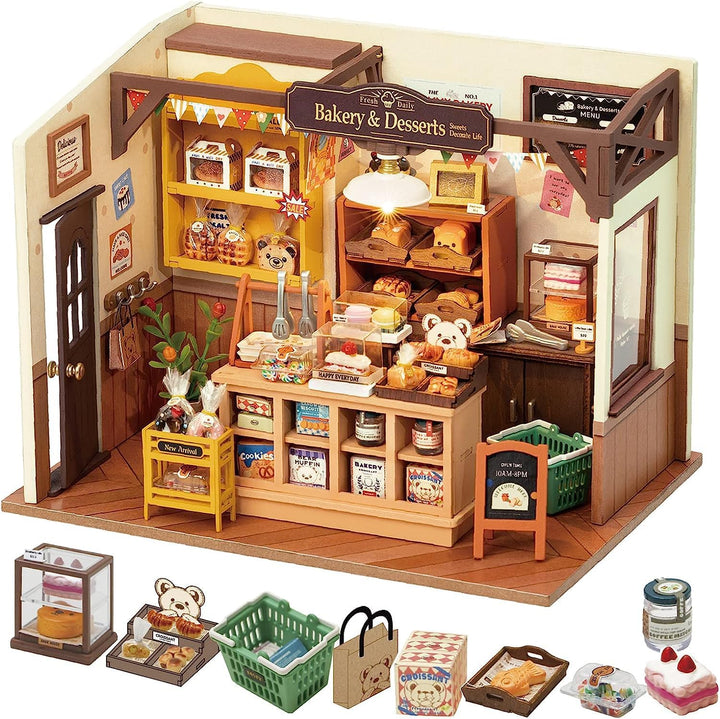 ROBOTIME Puppenhaus Kit Backhaus, DIY Miniatur Kit für Erwachsene, Mini Zimmer mit Möbeln, pädagogis
