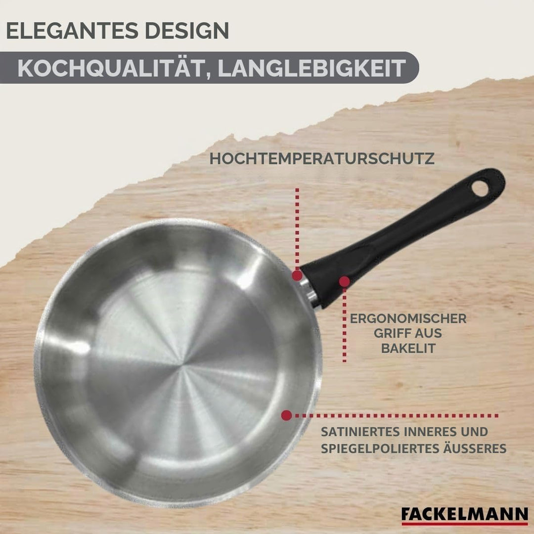 Fackelmann 9445250 Pfannen-Set, 3-teilig, 20, 24 und 28 cm, aus Edelstahl 18/8, 6 Küchenutensilien,